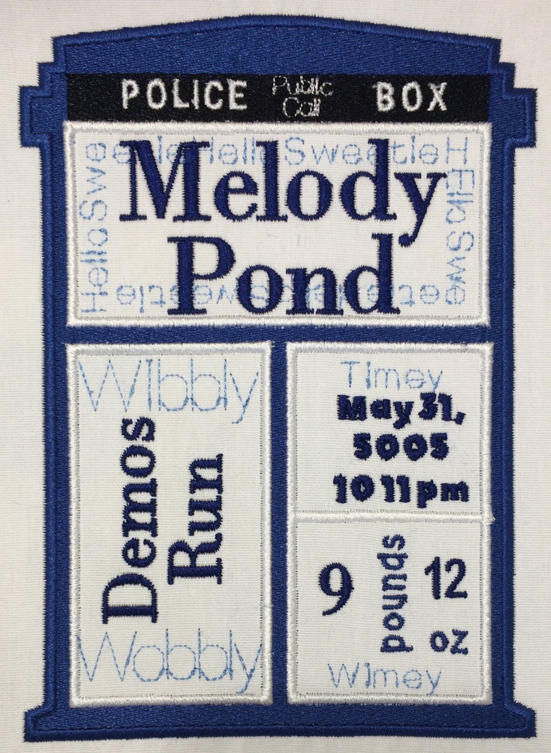 TARDIS Birth Status machine embroidery design