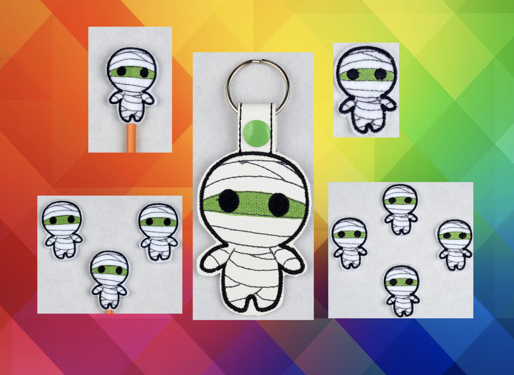 Chibi Mummy feltie fob pencil topper ITH machine embroidery design