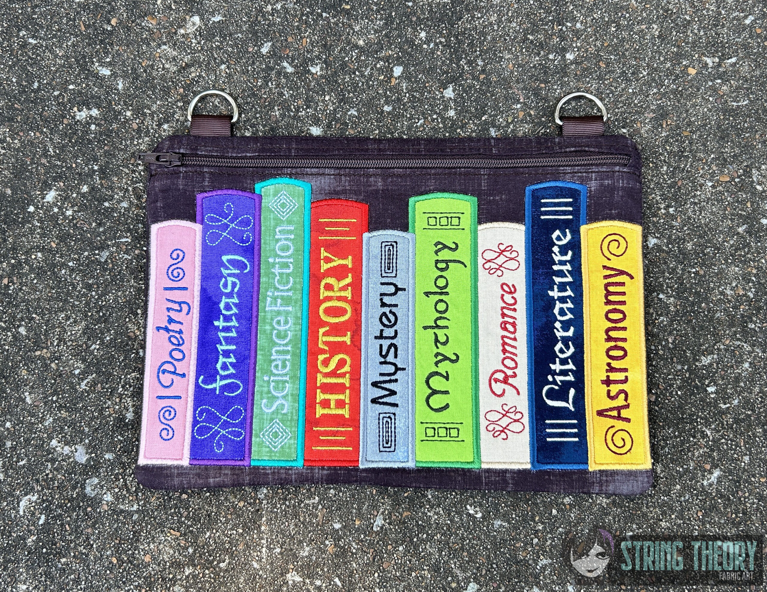 Bookshelf zip bag ITH machine embroidery Design