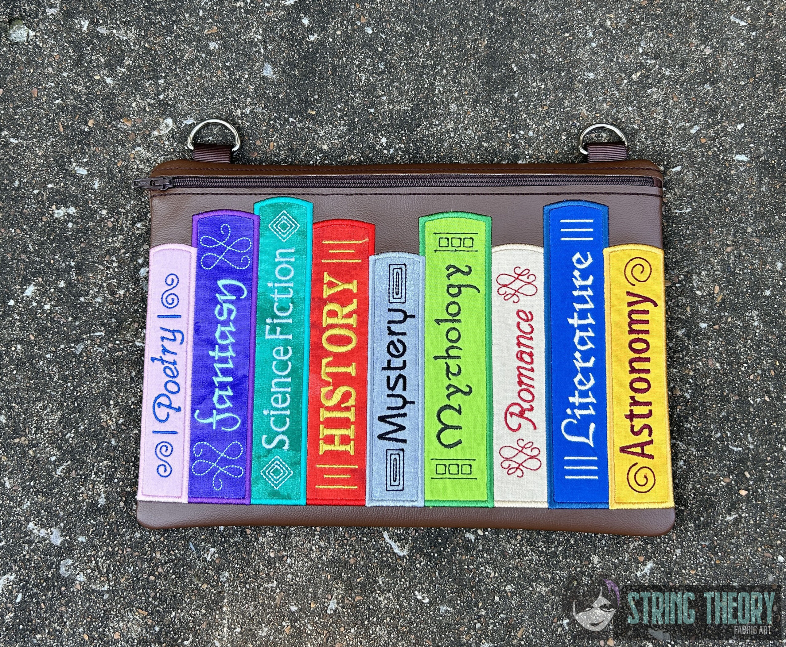 Bookshelf zip bag ITH machine embroidery Design