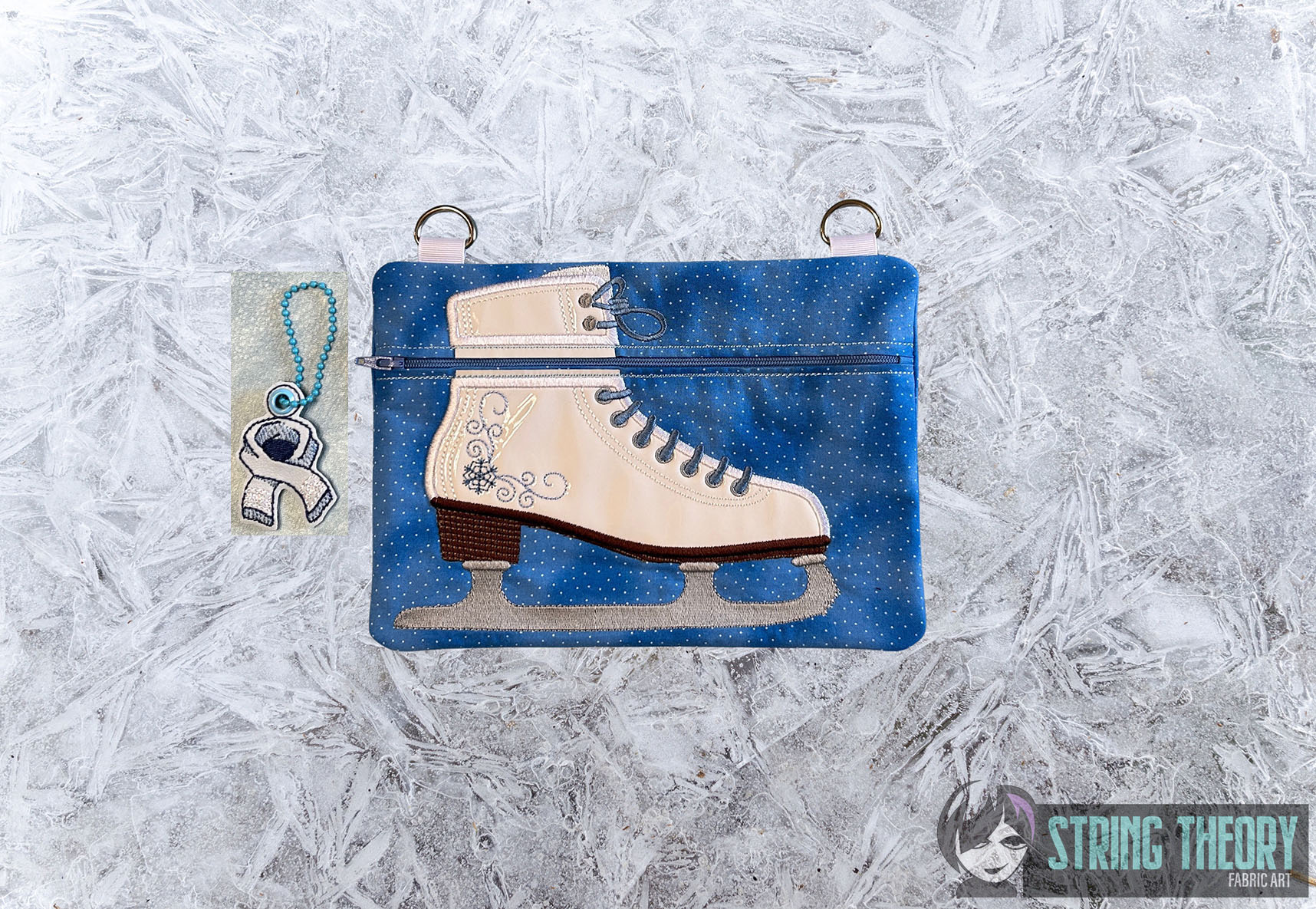 Ice Skate Fully Lined Zip Bag with Dangles String Theory Fabric Art