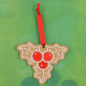 Gingerbread Cookie Holly Ornament ITH machine embroidery design
