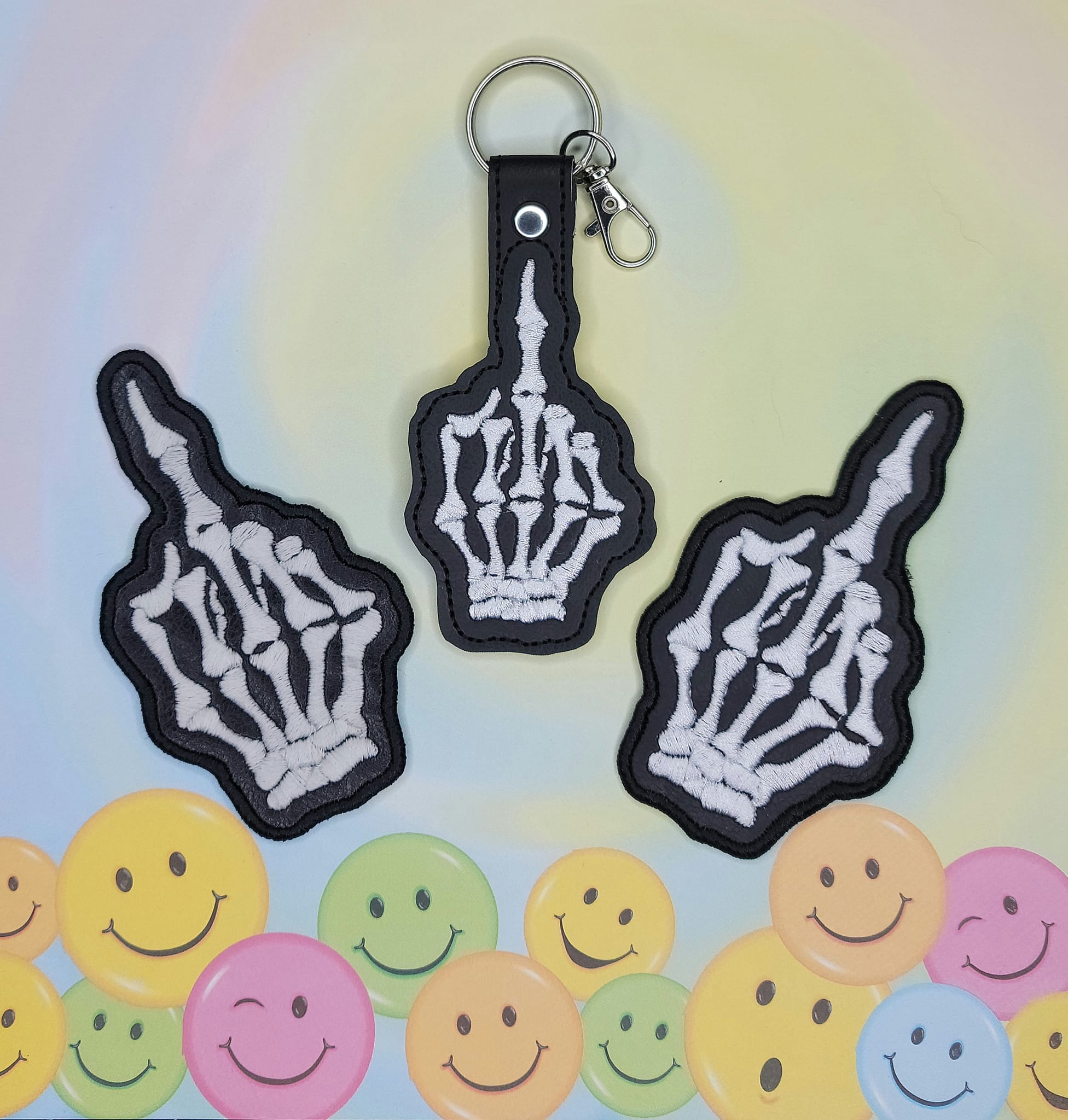 Skeleton Middle Finger fob patch ITH machine embroidery design