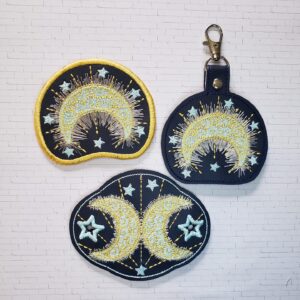 Primitive Moon bun cover fob patch ITH machine embroidery design