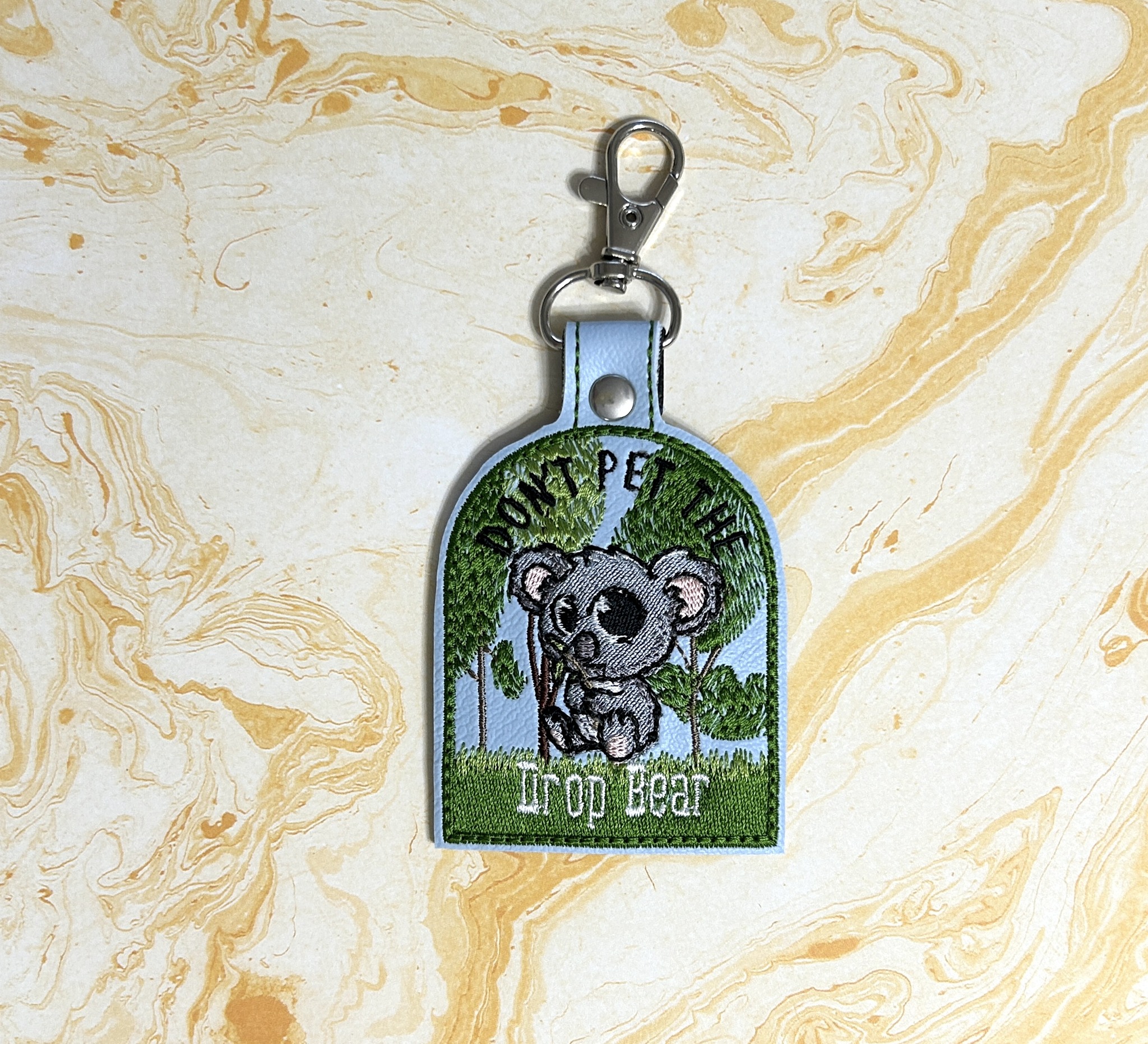 Dont Pet the Drop Bear fob ITH machine embroidery design