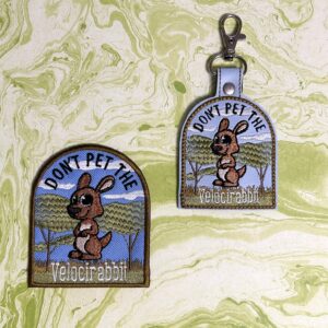 Dont Pet the Velocirabbit fob patch ITH machine embroidery design