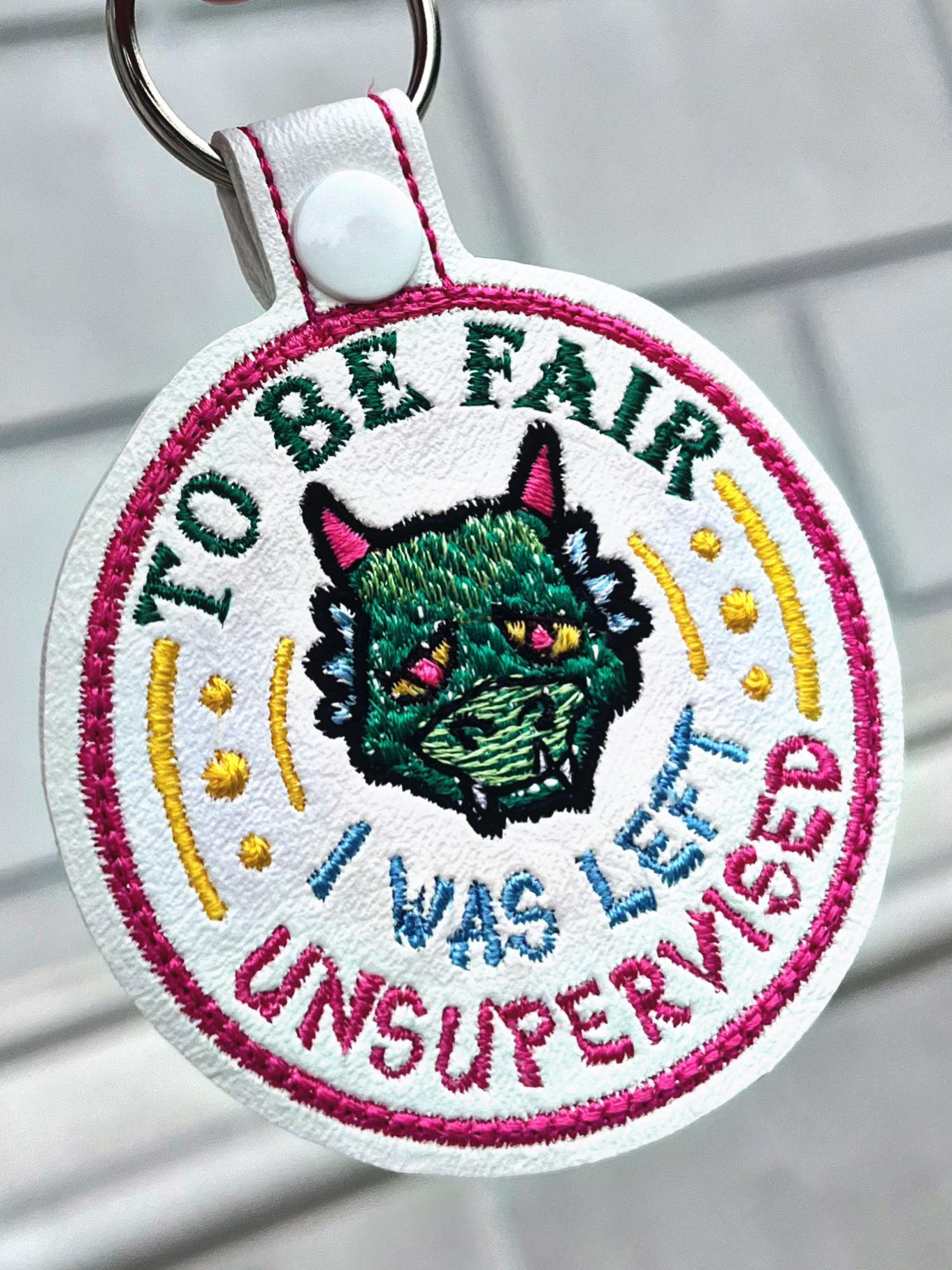 I was Unsupervised Crunchy Dragon fob ITH machine embroidery design