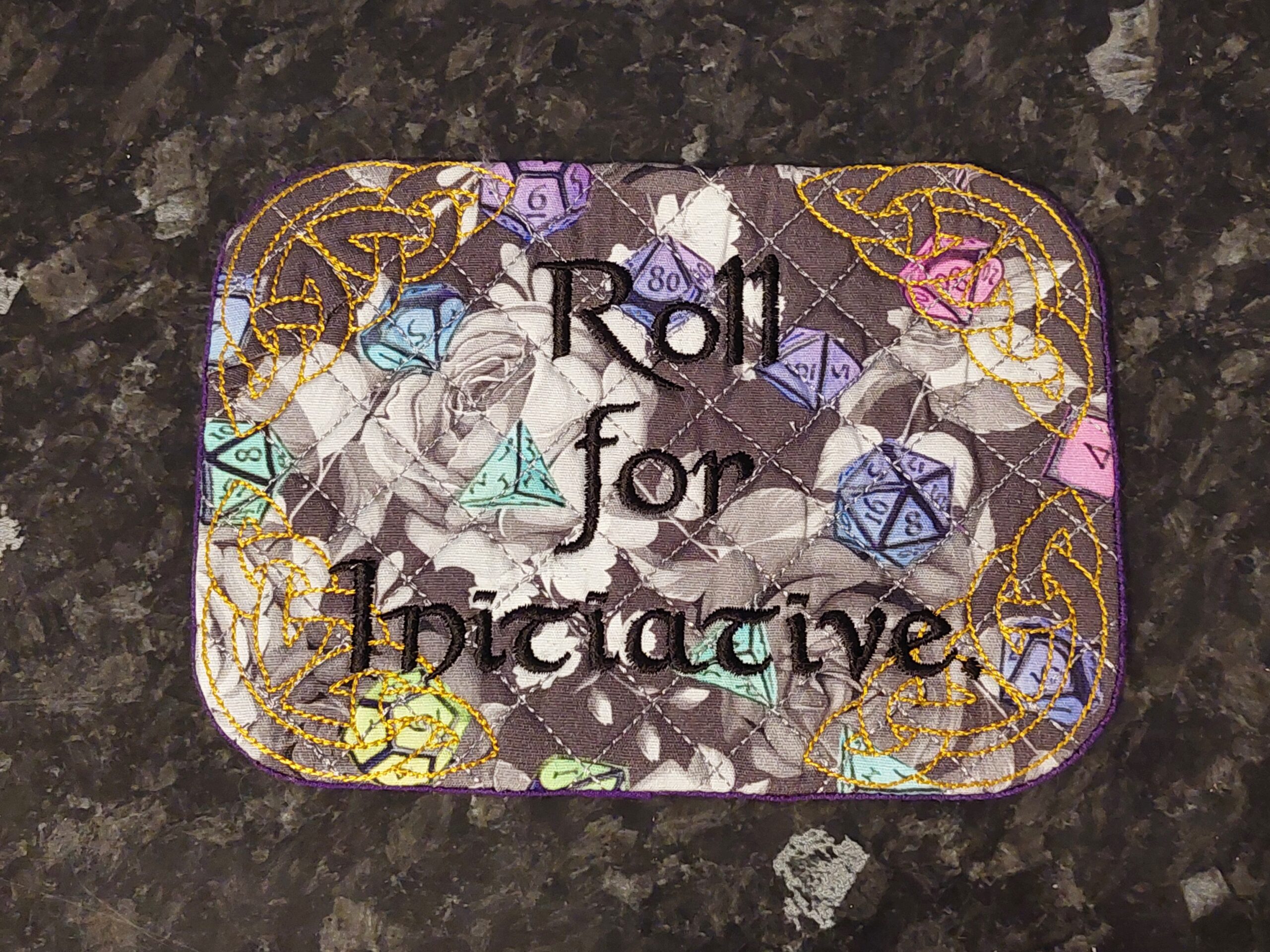 Roll For Initiative ITH Mug Rug machine embroidery design