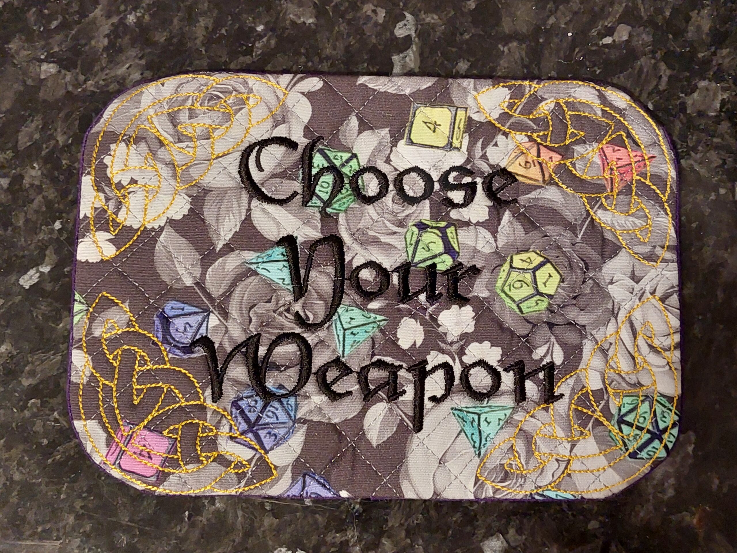Choose Your Weapon ITH Mug Rug machine embroidery design