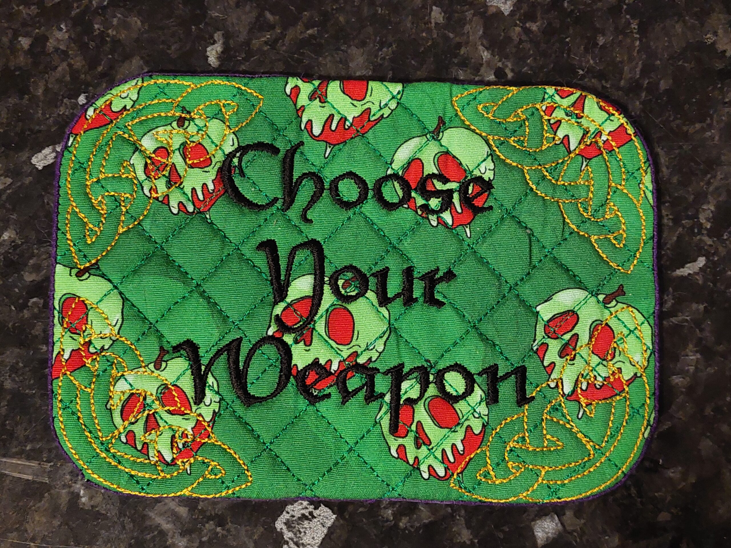Choose Your Weapon ITH Mug Rug machine embroidery design