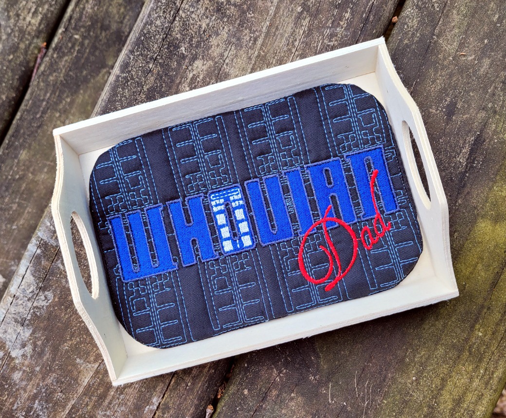 Whovian Dad ITH Mug rug machine embroidery design