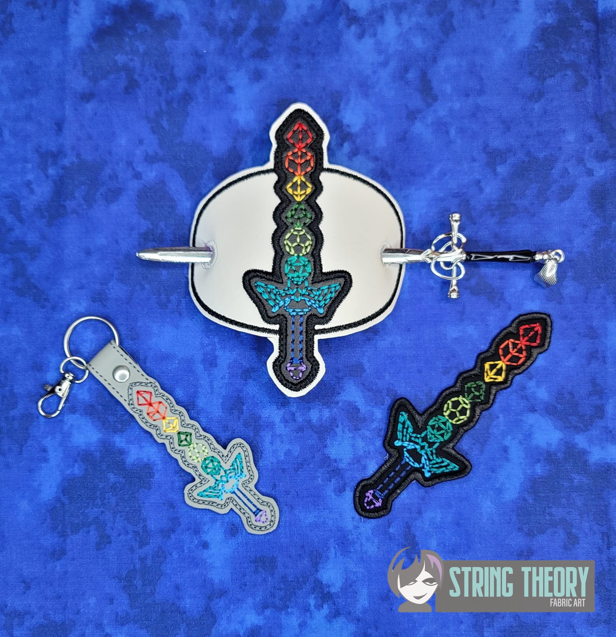Dice Sword ITH bun cover fob patch machine embroidery design