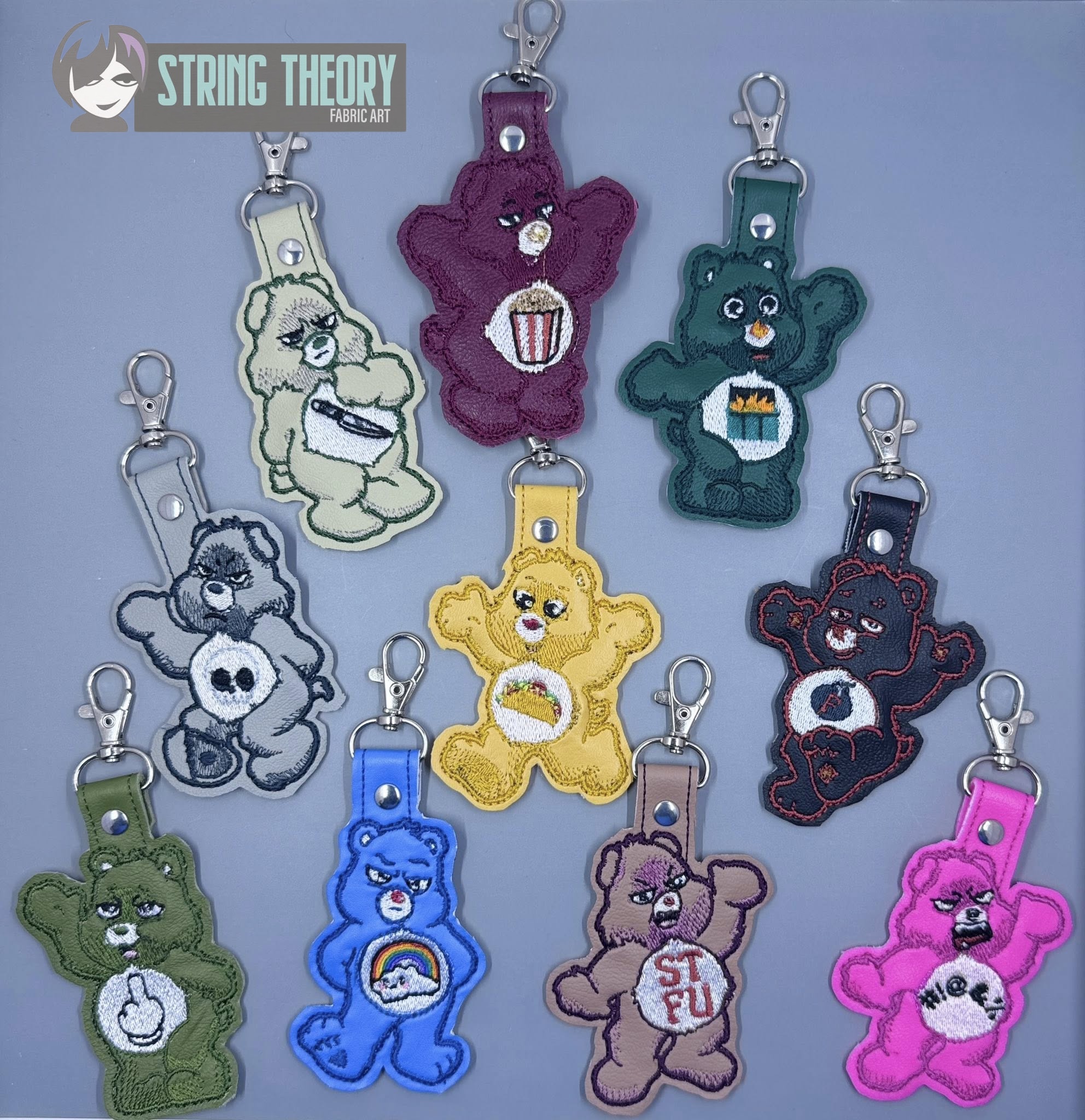 Don't Care Bear ITH snap tab key fob machine embroidery design Bundle