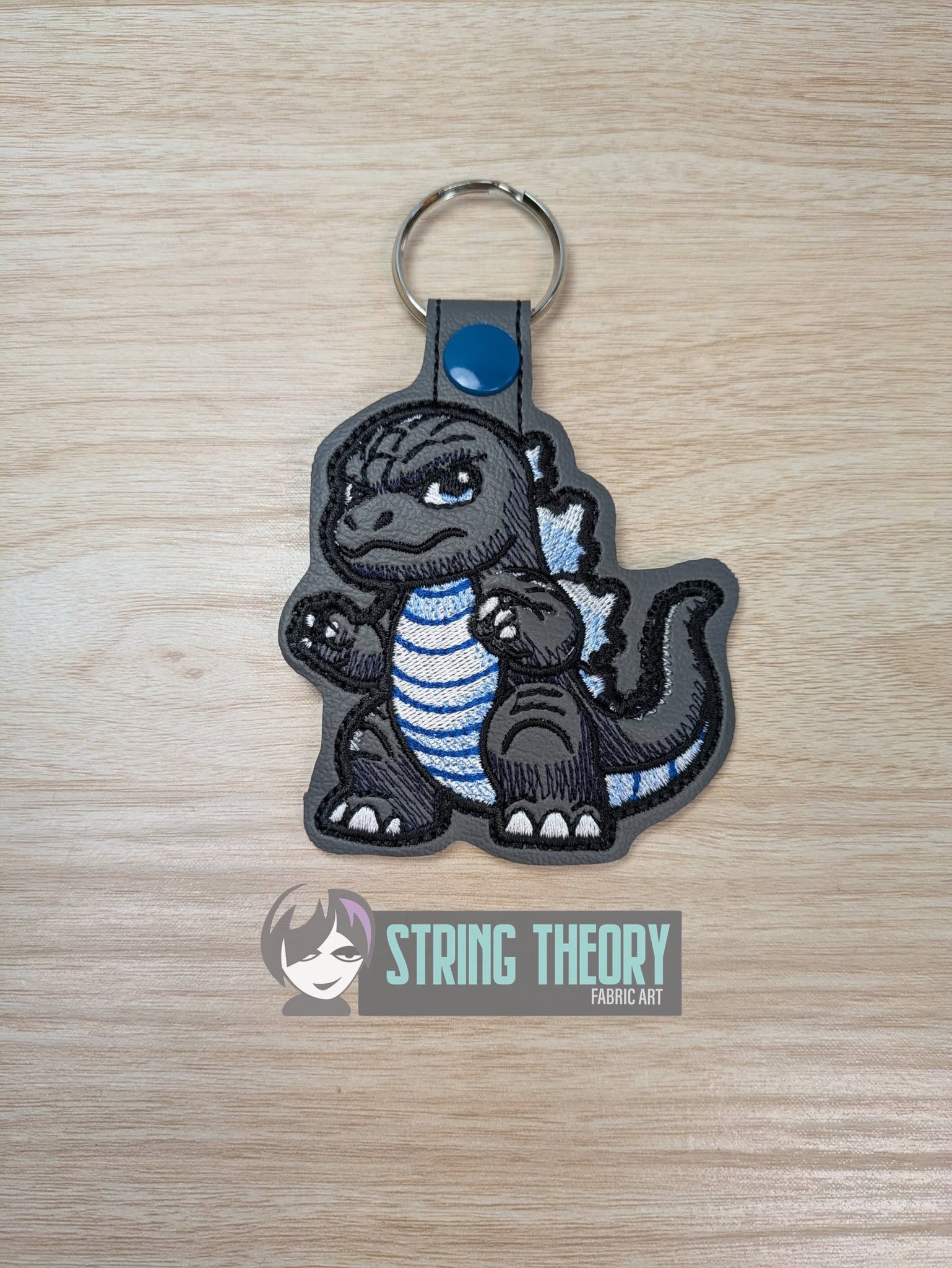 Chibi Kaiju Godzilla ITH snap tab key fob machine embroidery design
