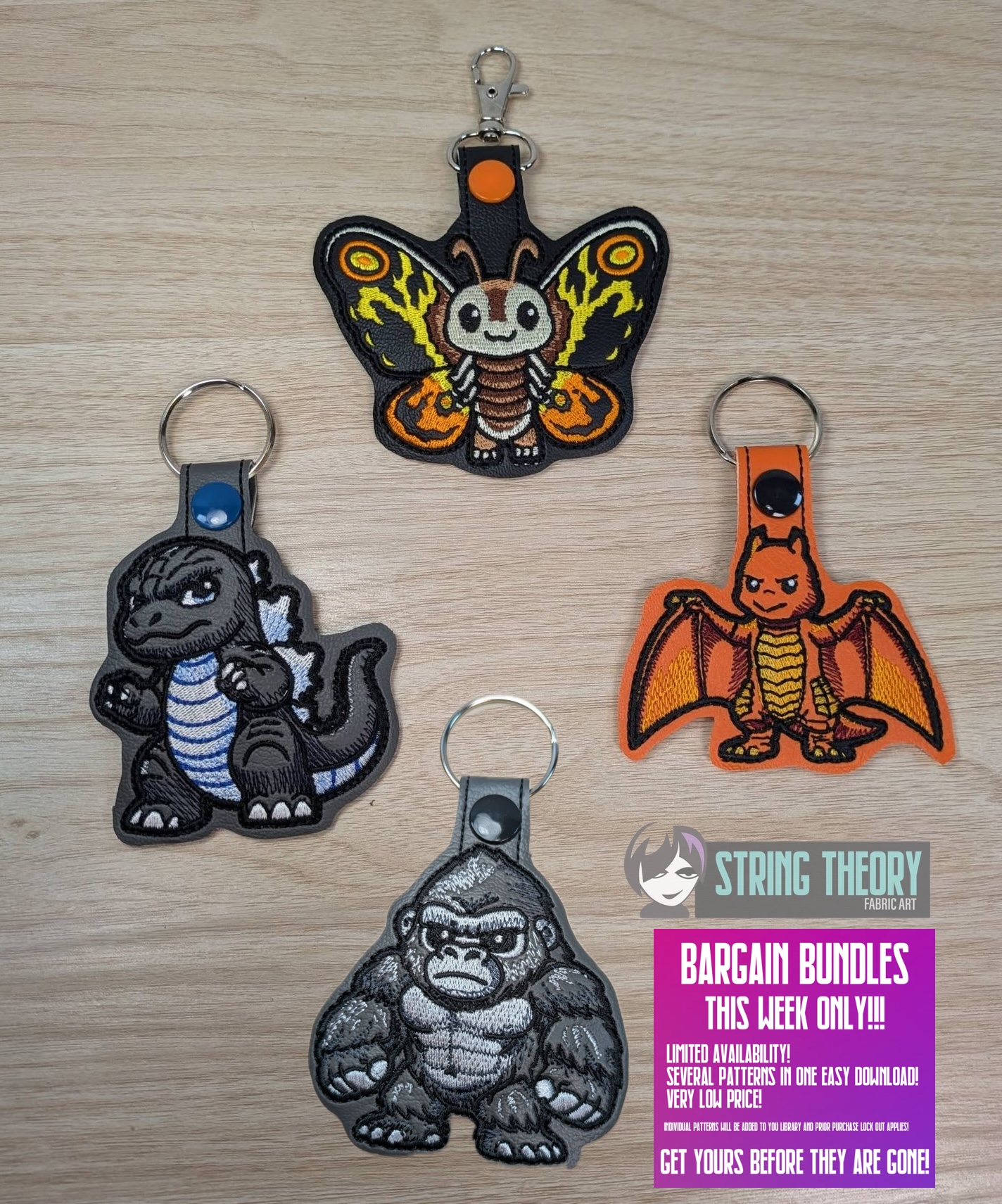 Chibi Kaiju snap tab key fob Set ITH machine embroidery design