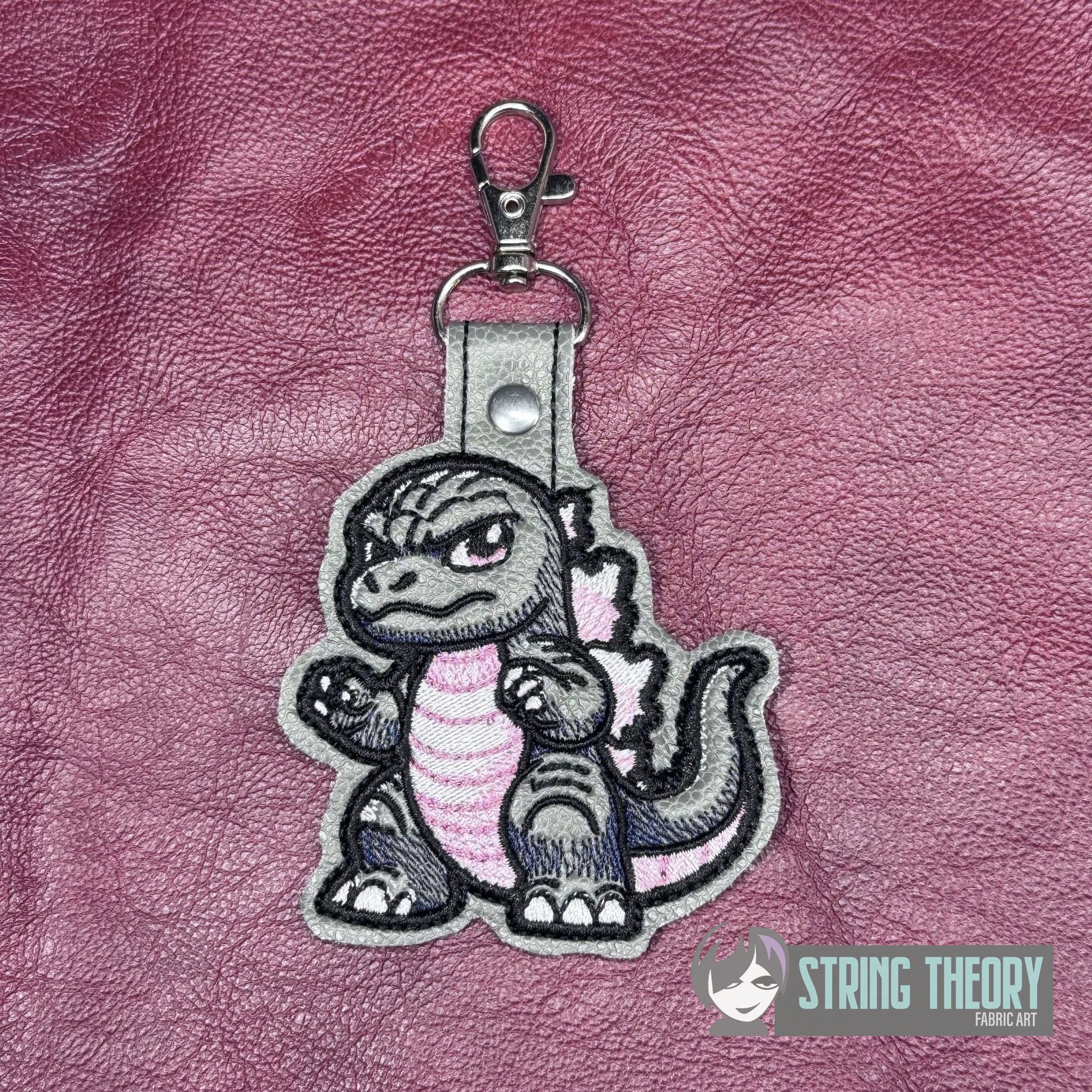 Chibi Kaiju Godzilla ITH snap tab key fob machine embroidery design