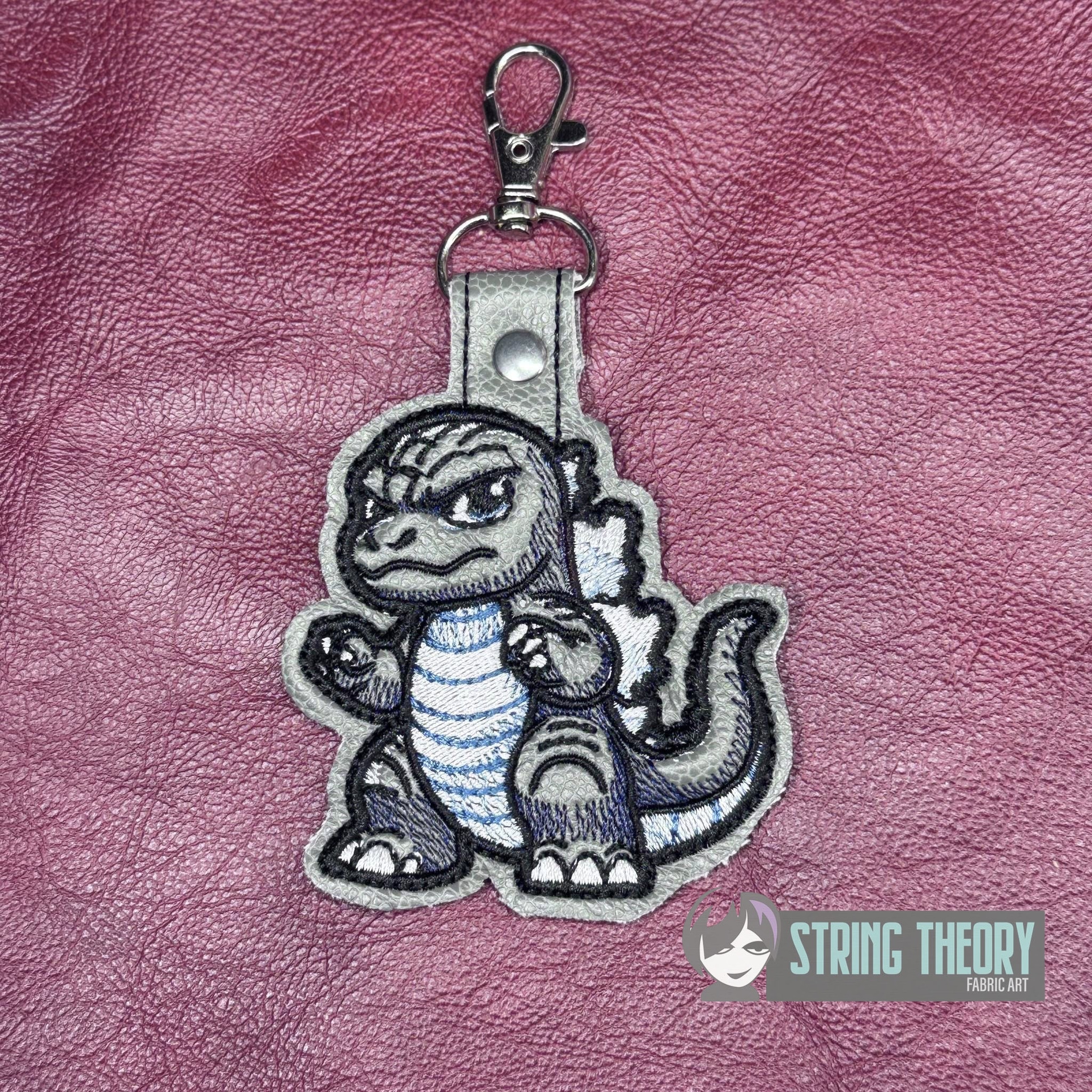 Chibi Kaiju Godzilla ITH snap tab key fob machine embroidery design