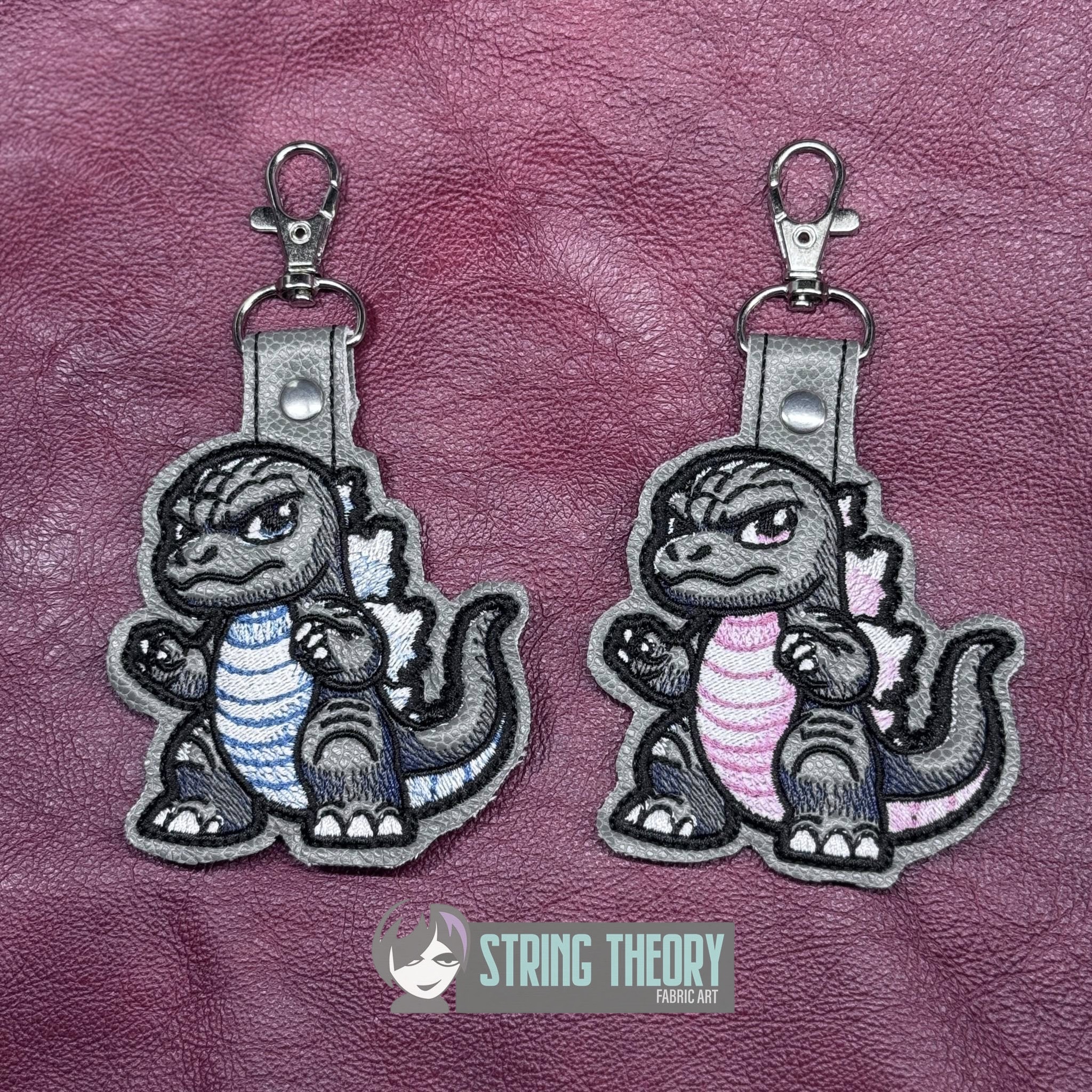 Chibi Kaiju Godzilla ITH snap tab key fob machine embroidery design