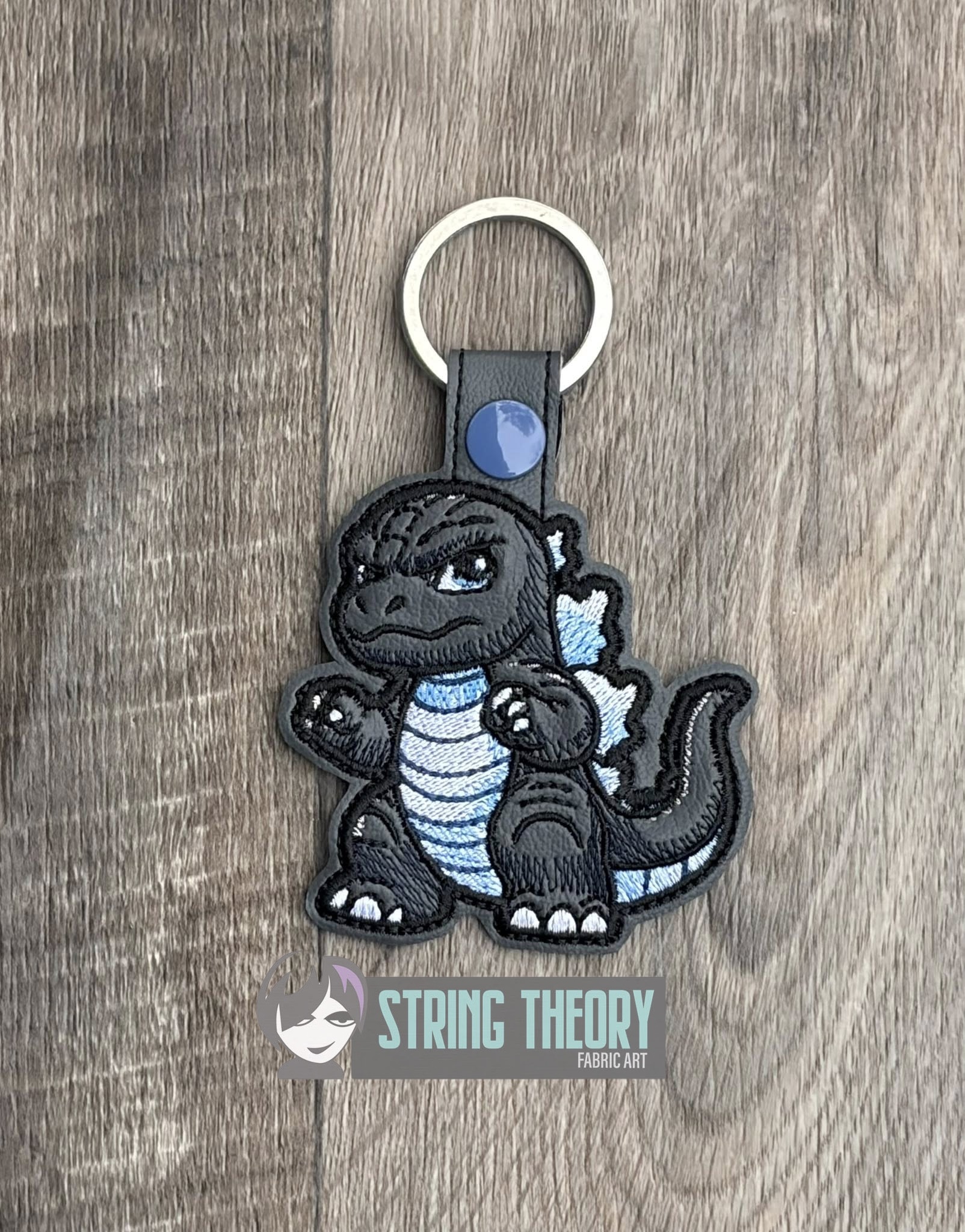 Chibi Kaiju Godzilla ITH snap tab key fob machine embroidery design