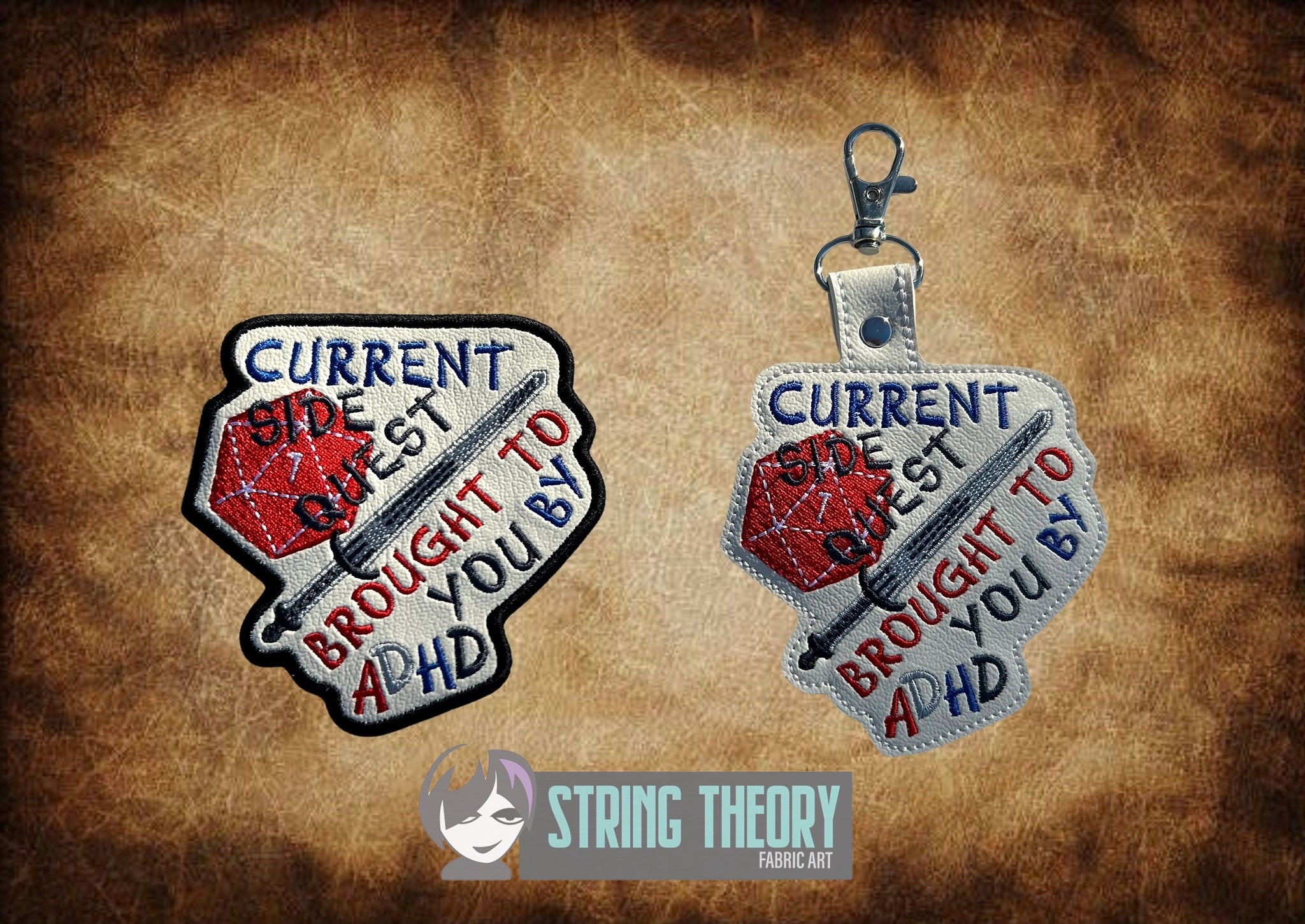 Side Quest ADHD fob patch ITH machine embroidery design