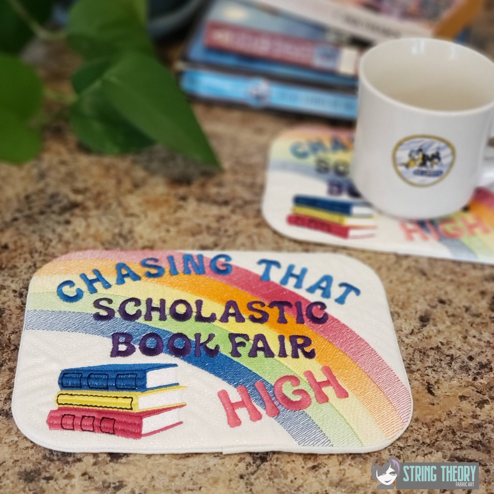 Chasing That Scholastic Book Fair High ITH Mug Rug machine embroidery design