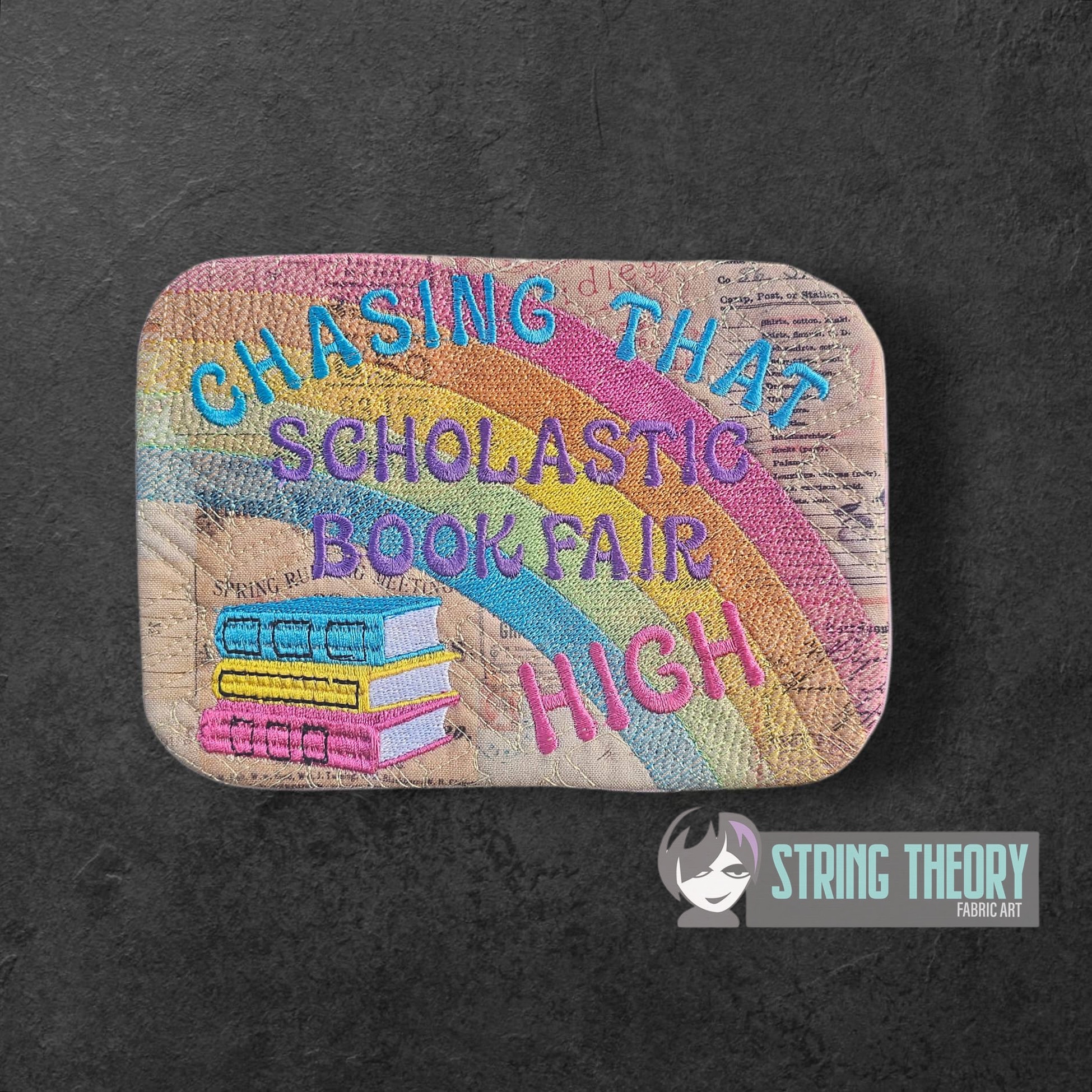 Chasing That Scholastic Book Fair High ITH Mug Rug machine embroidery design