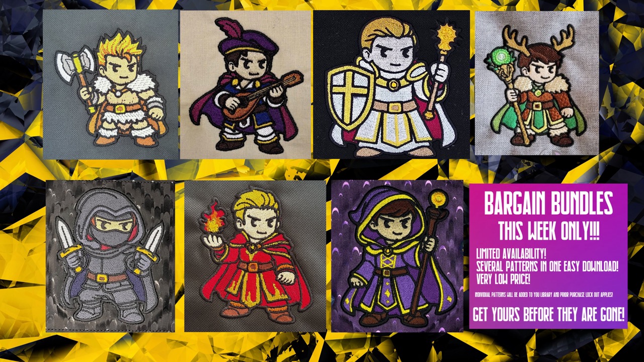 DND Chibi Boy Heroes 4x4 machine embroidery pattern bundle