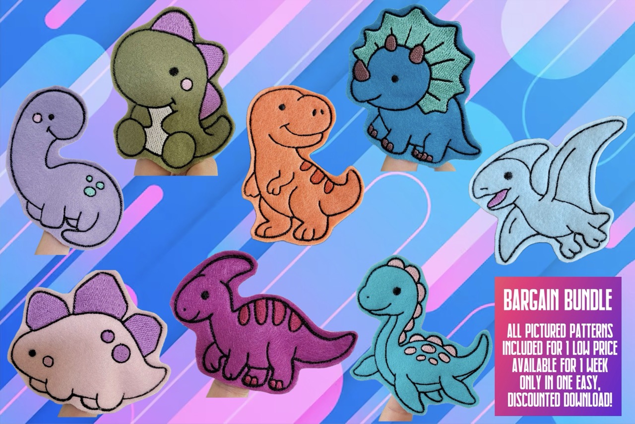 Tiny Cute Dinosaur Finger Puppet ITH Machine Embroidery Design Bundle