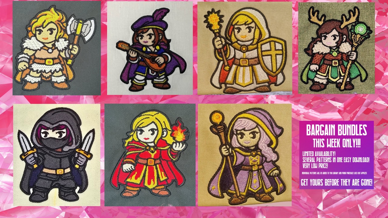 DND Chibi Girl Heroes 4x4 machine embroidery pattern bundle