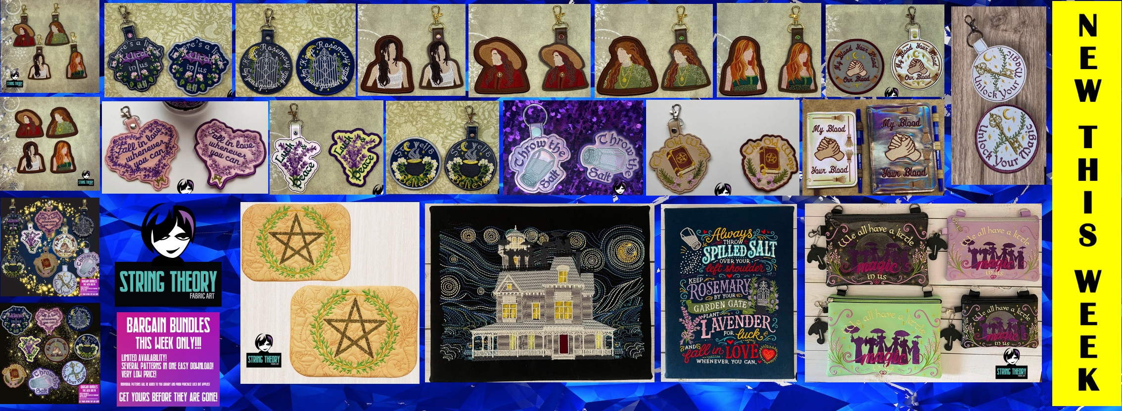 Shop Practical Magic-inspired machine embroidery designs featuring the Owens sisters, witchy quotes, magical herbs, spell books, fobs, and ITH projects.