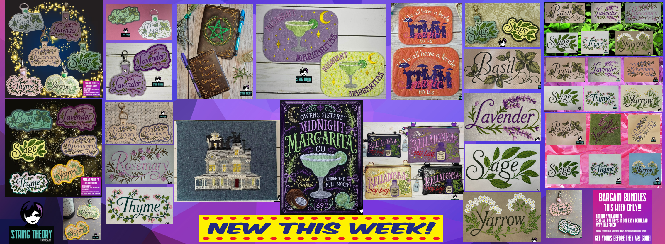 Shop Practical Magic-inspired machine embroidery designs featuring the Owens sisters, witchy quotes, magical herbs, spell books, fobs, and ITH projects.