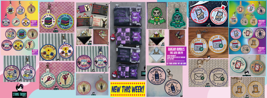 ITH machine embroidery designs offering multiple formats, including key fobs, patches, and bun covers, all made entirely in the hoop.